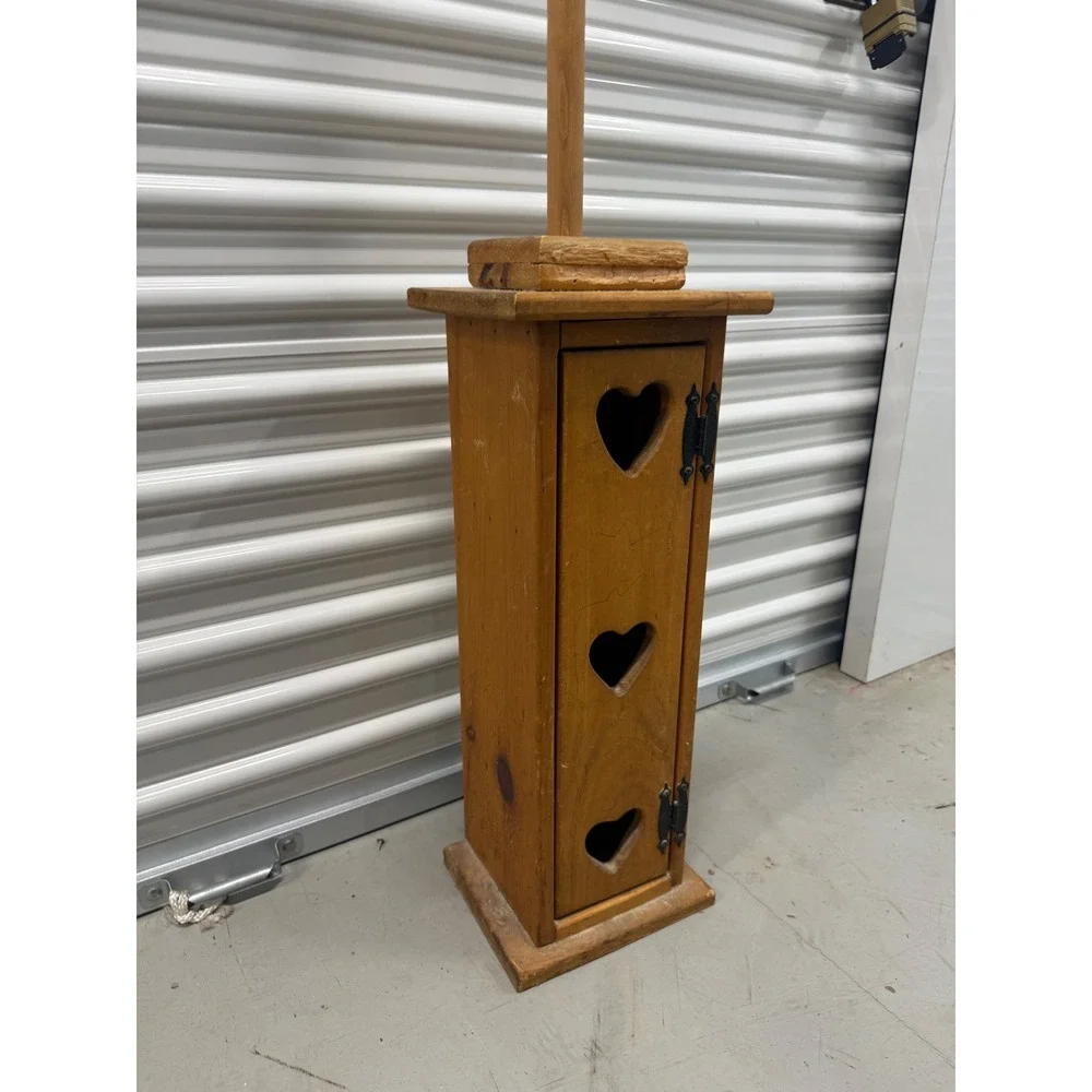 Vintage Rustic Wood Toilet Paper Holder Heart Cutouts Farmhouse Storage Cabinet